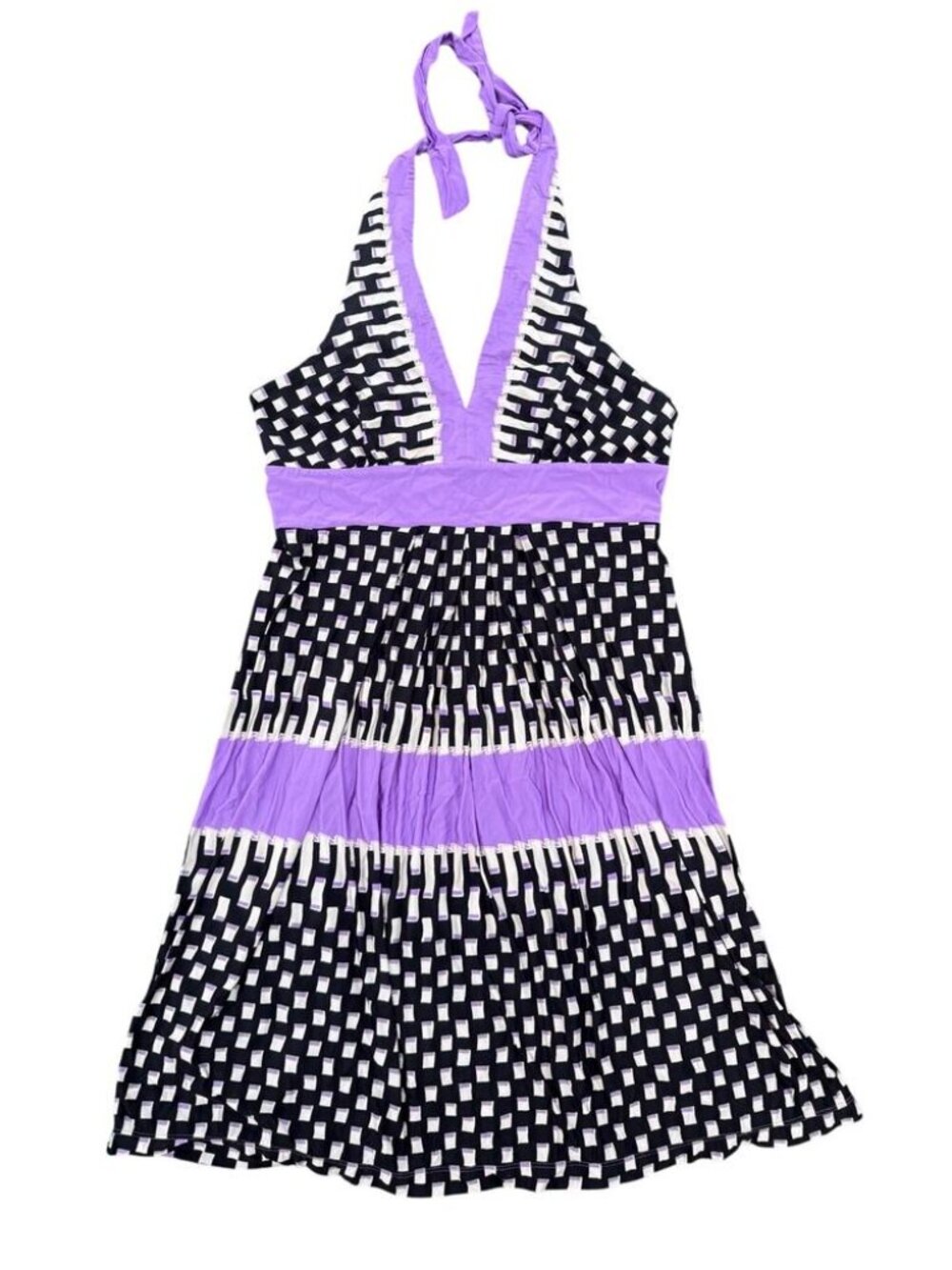 BCBG MaxAzria Purple and Black Geometric Halter Dress Knee Length Size Medium